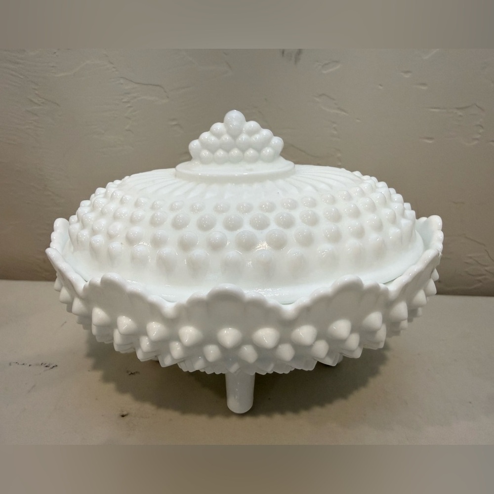 Vintage Fenton Oval 4 Footed White Hobnail Milk Glass Lidded Covered Candy Dish